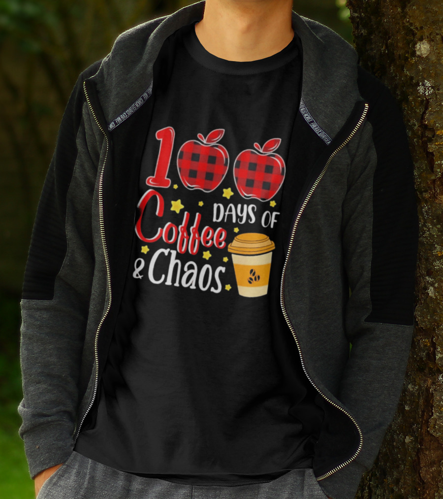 100 Days Of Coffee And Chaos Plaid Apple School Teacher Fun T-Shirt