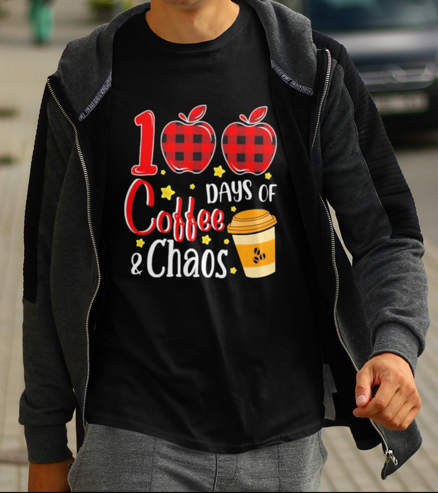 100 Days Of Coffee And Chaos Plaid Apple School Teacher Fun T-Shirt