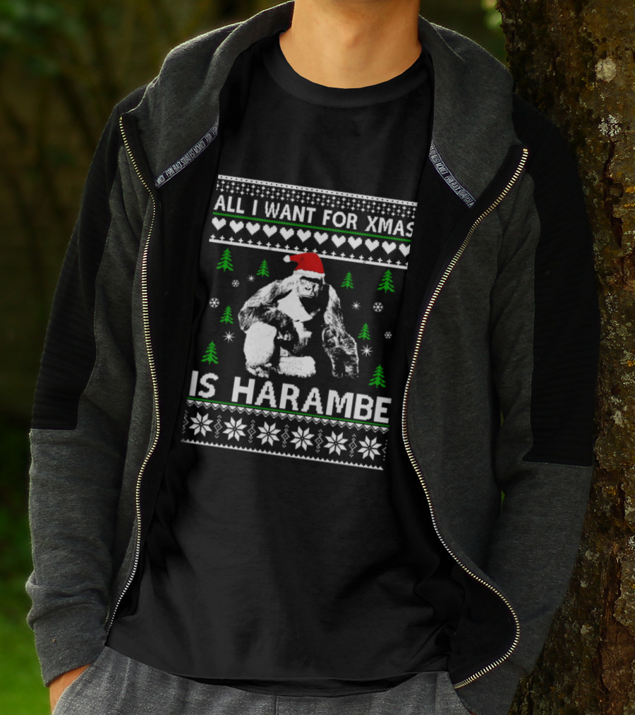 All I Want For Xmas Is Harambe Santa Hat Ugly Christmas T-Shirt