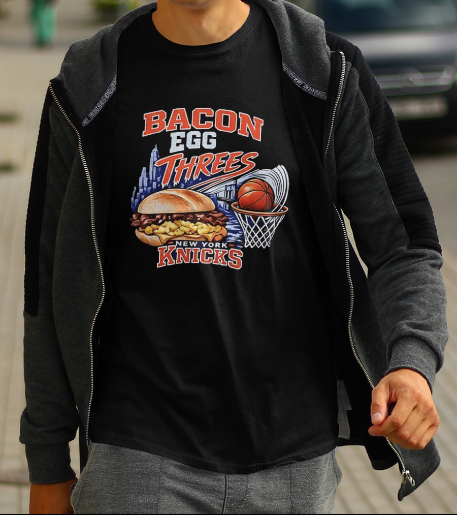 Bacon Egg And Threes New York Knicks Basketball Skyline Basketball Hoop Burger T-Shirt