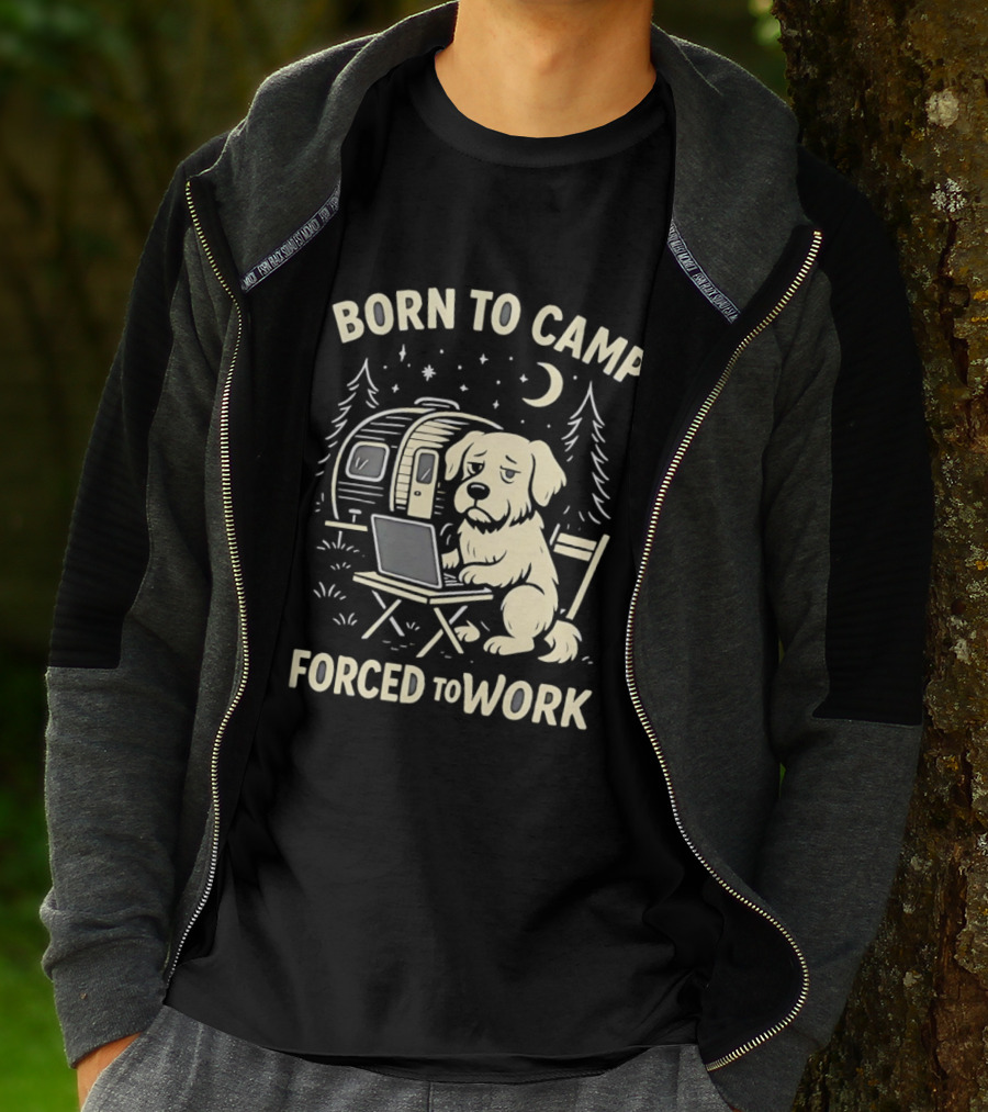 Born To Camp Forced To Work Cartoon Dog With Laptop And Camper Scene T-Shirt