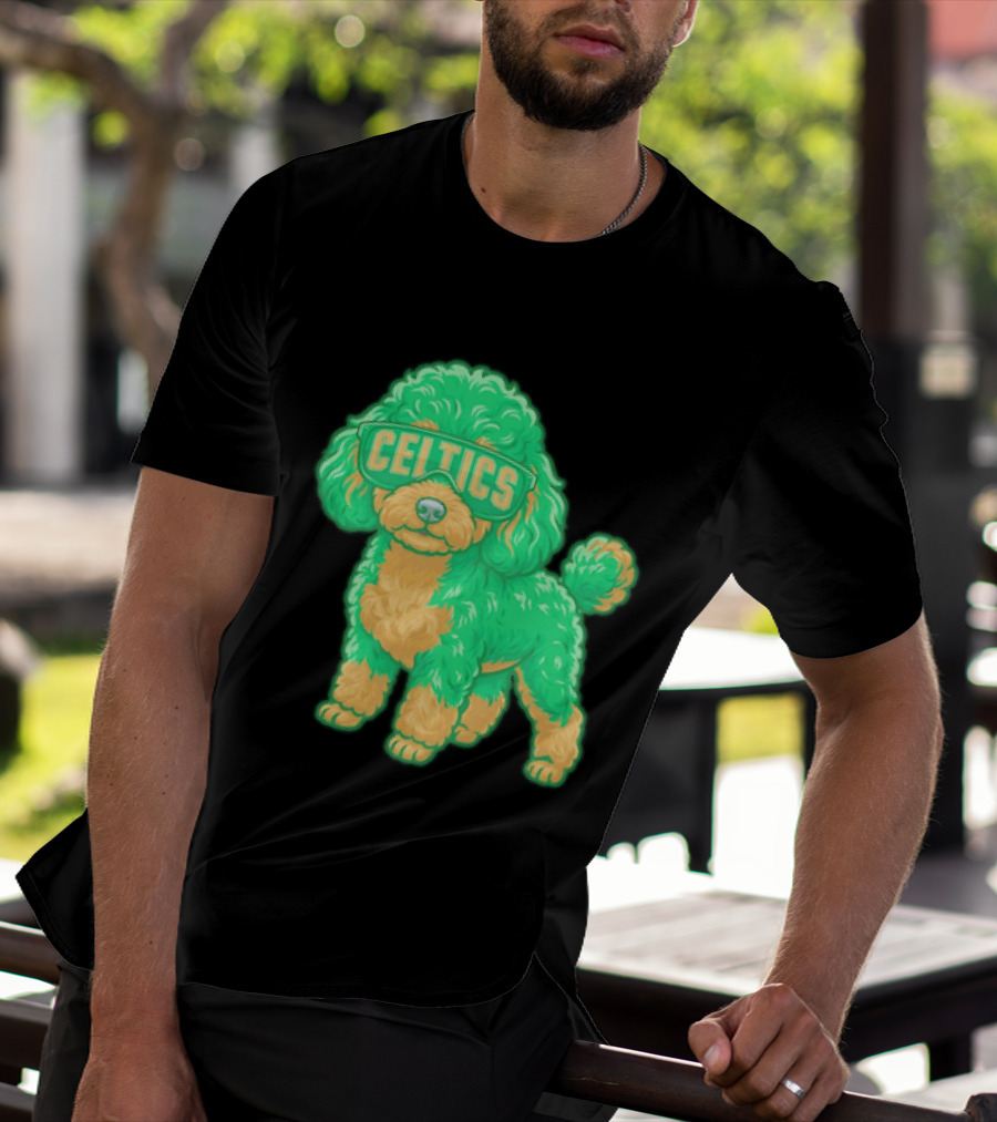 Boston Celtics Teacup Poodle Cartoon With Celtics Sunglasses T-Shirt