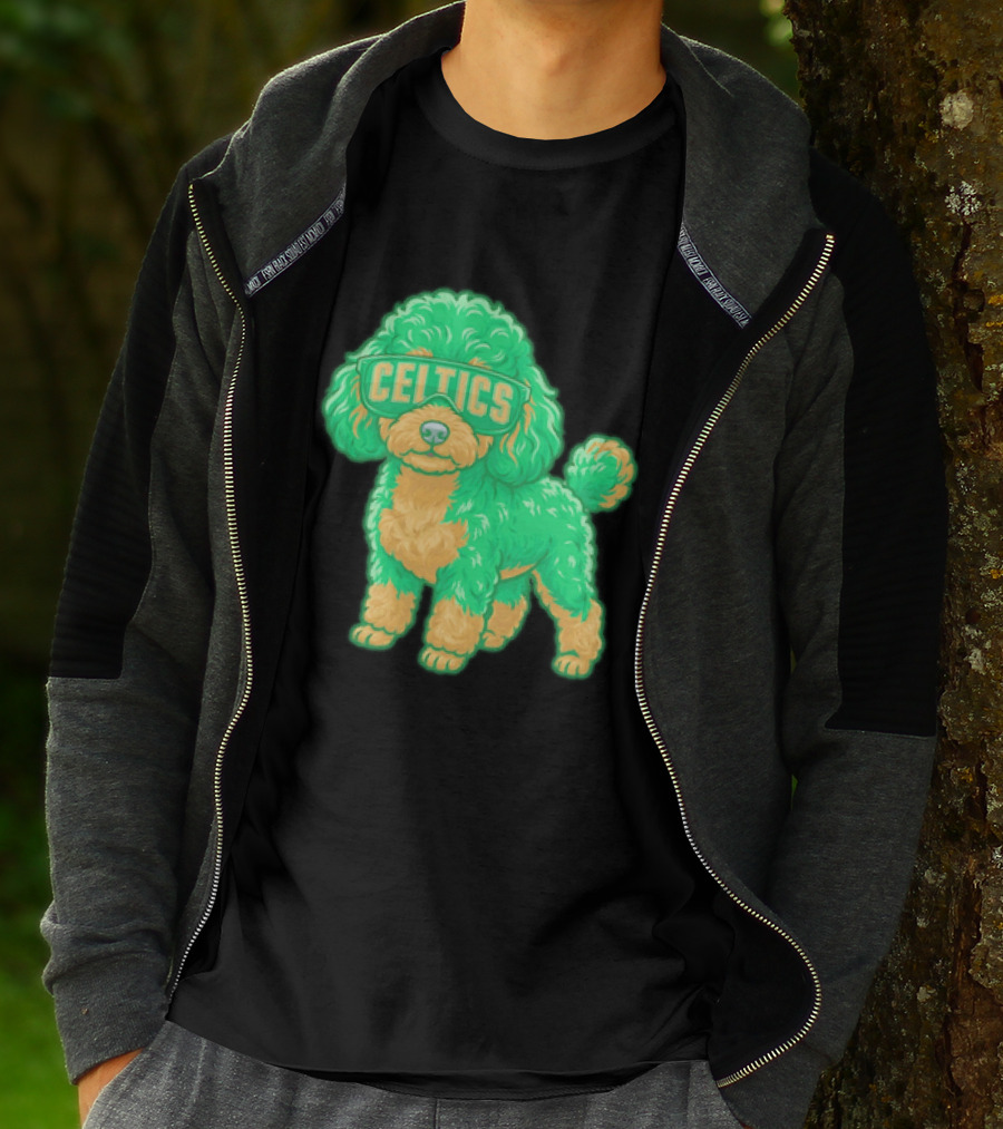 Boston Celtics Teacup Poodle Cartoon With Celtics Sunglasses T-Shirt