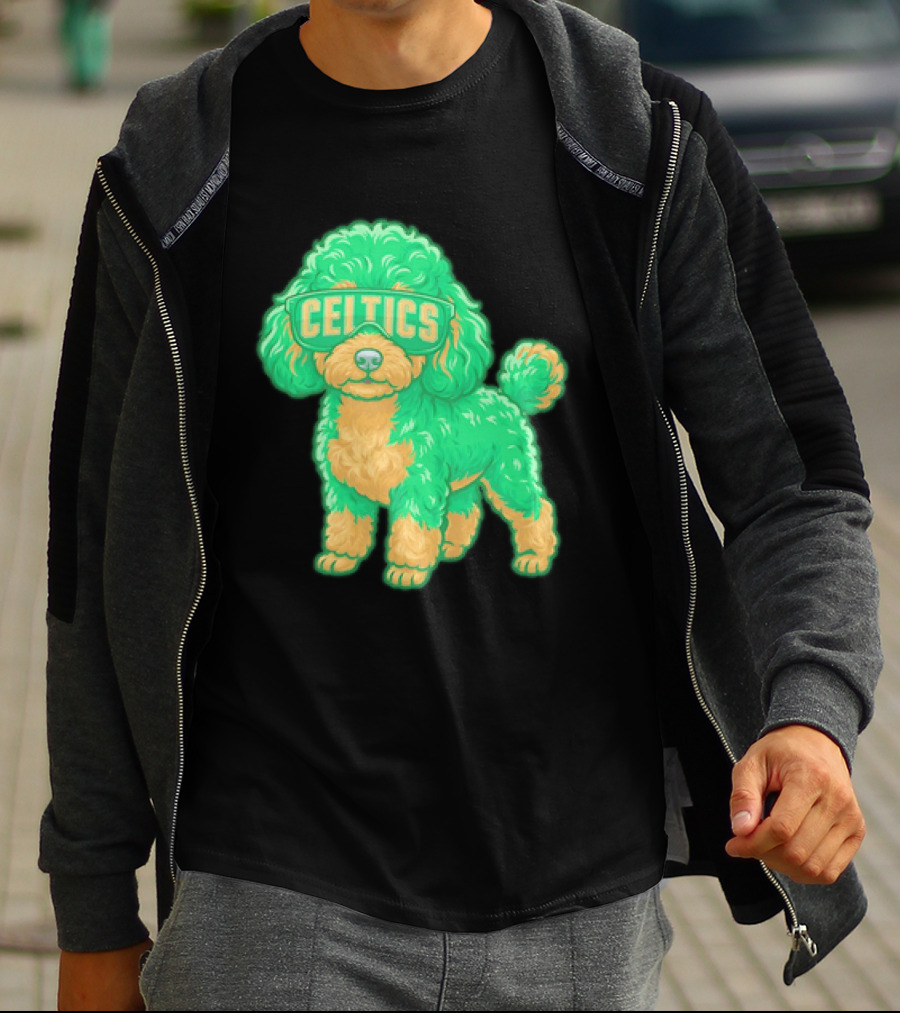 Boston Celtics Teacup Poodle Cartoon With Celtics Sunglasses T-Shirt