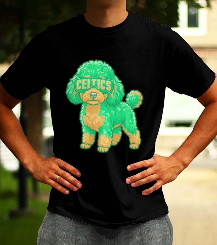 Boston Celtics Teacup Poodle Cartoon With Celtics Sunglasses T-Shirt