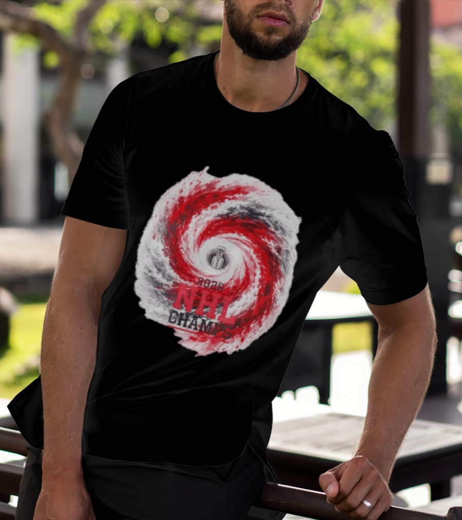 Carolina Hurricanes 2026 NHL Champs Storm With Hockey Trophy And Red Gray Swirl T-Shirt