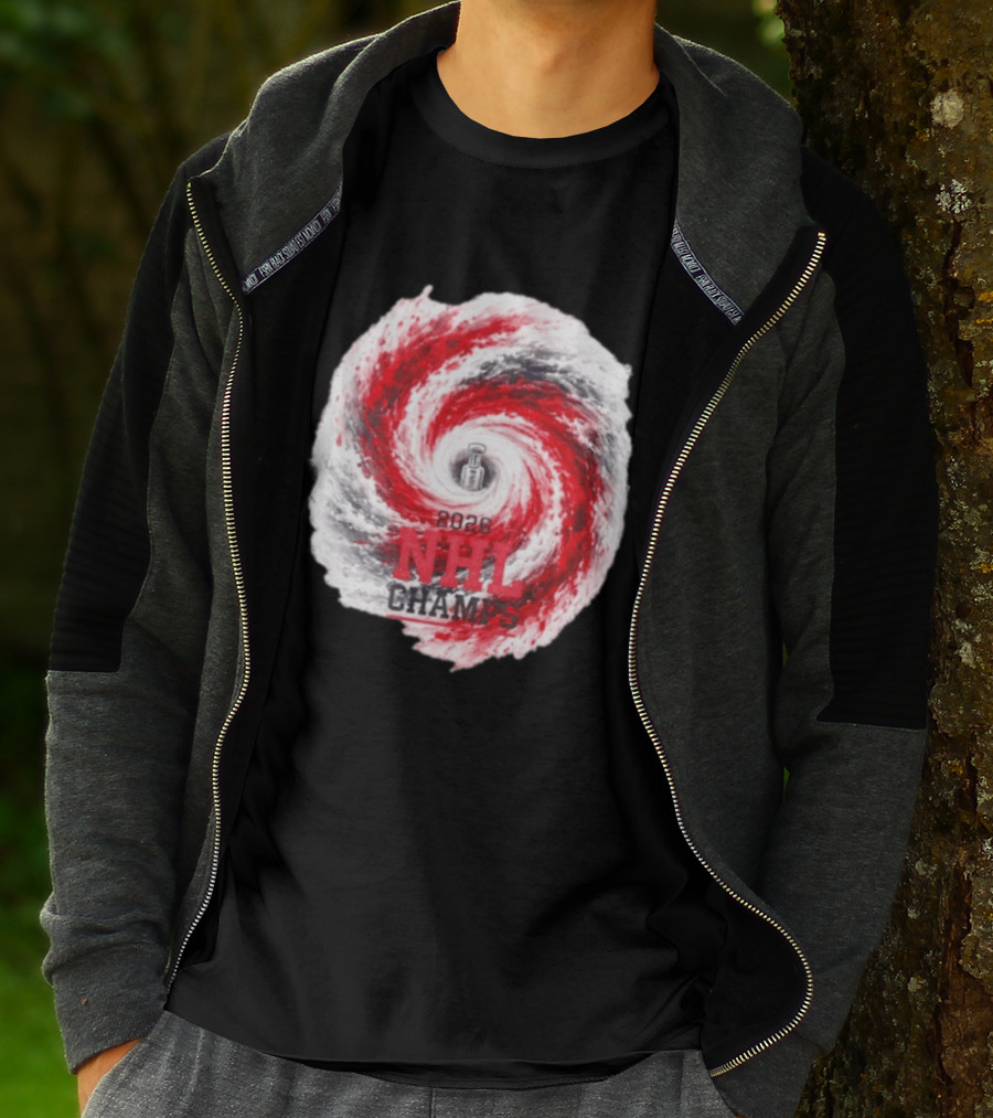 Carolina Hurricanes 2026 NHL Champs Storm With Hockey Trophy And Red Gray Swirl T-Shirt