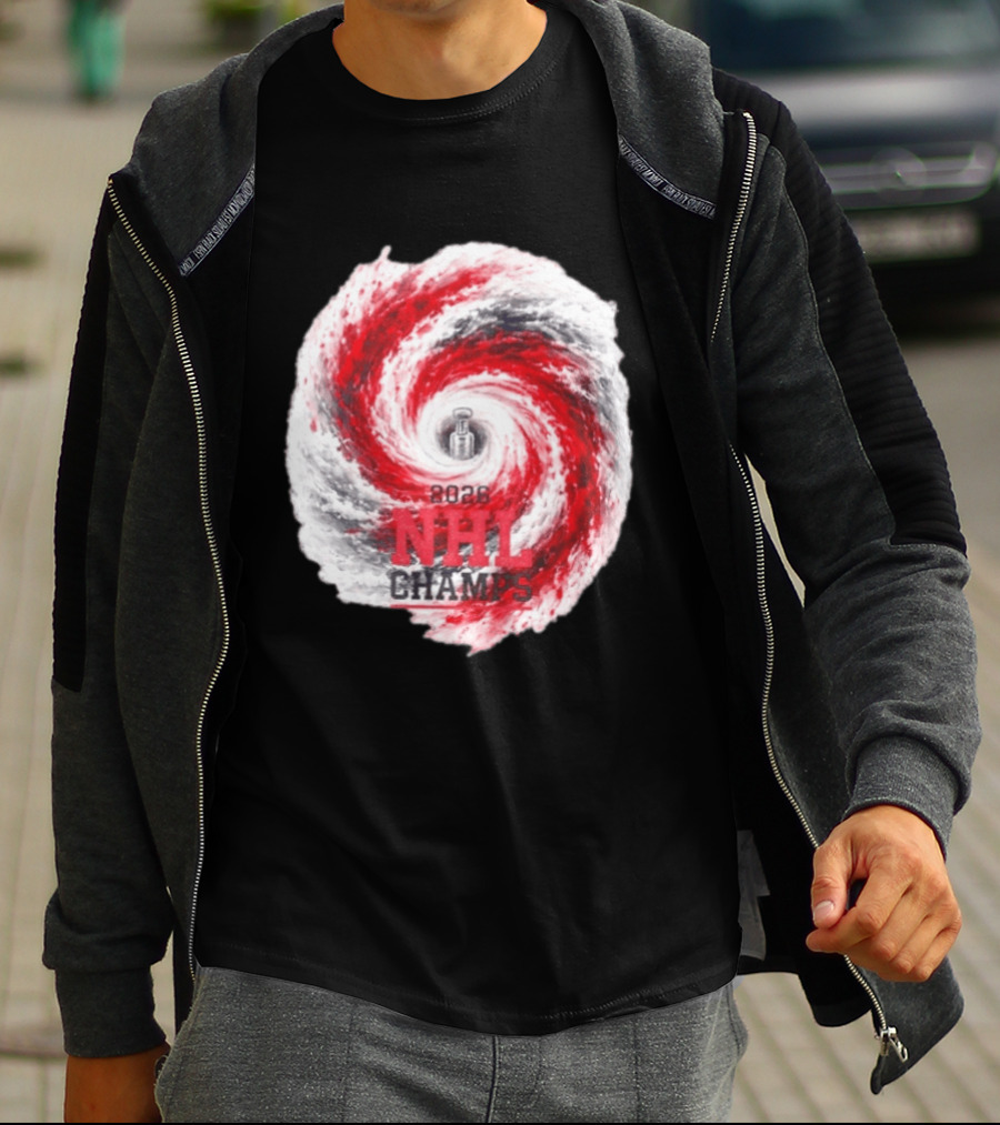 Carolina Hurricanes 2026 NHL Champs Storm With Hockey Trophy And Red Gray Swirl T-Shirt