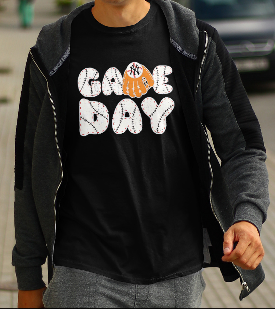 New York Yankees Game Day Baseball MLB NYY Glove And Ball Stitching T-Shirt