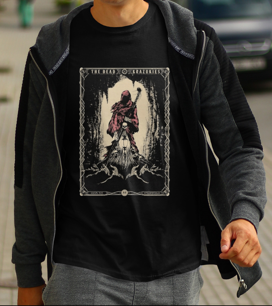 The Dead Krazukies From The Underworld Hooded Figure With Staff And Skulls T-Shirt