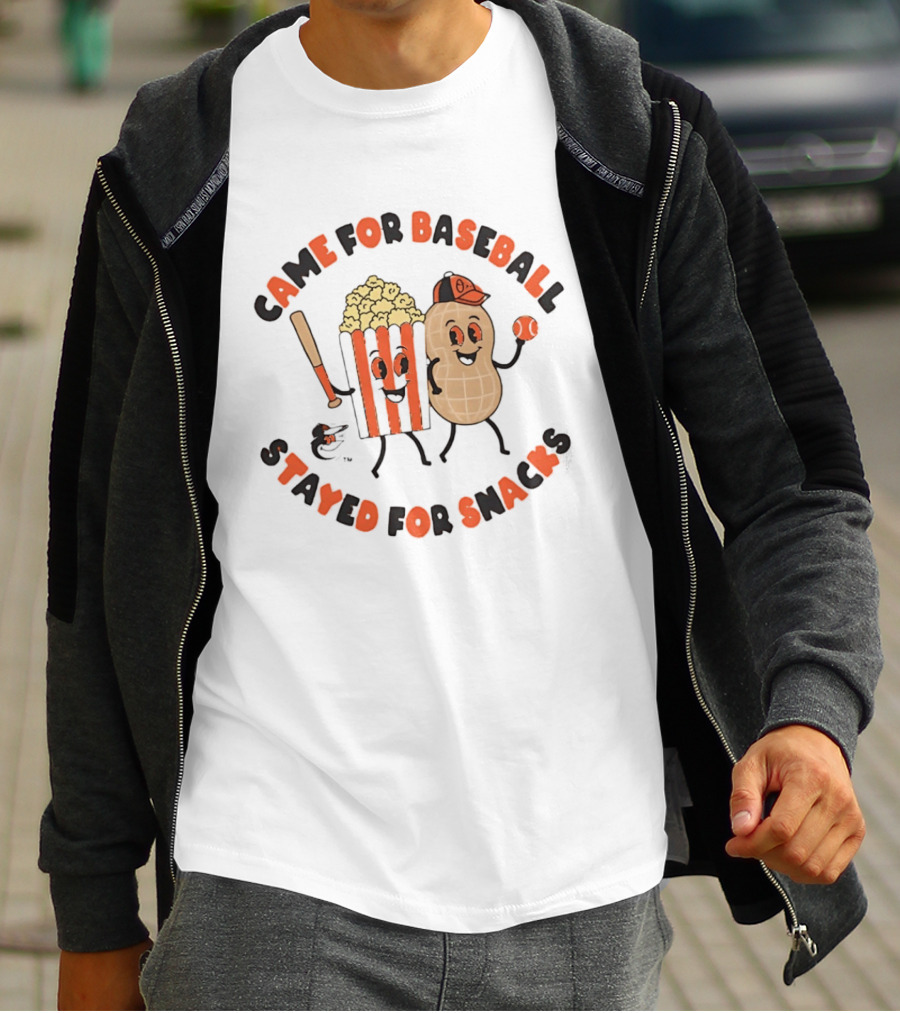 Baltimore Orioles Came For Baseball Stayed For Snacks Popcorn Peanut Baseball Bat T-Shirt