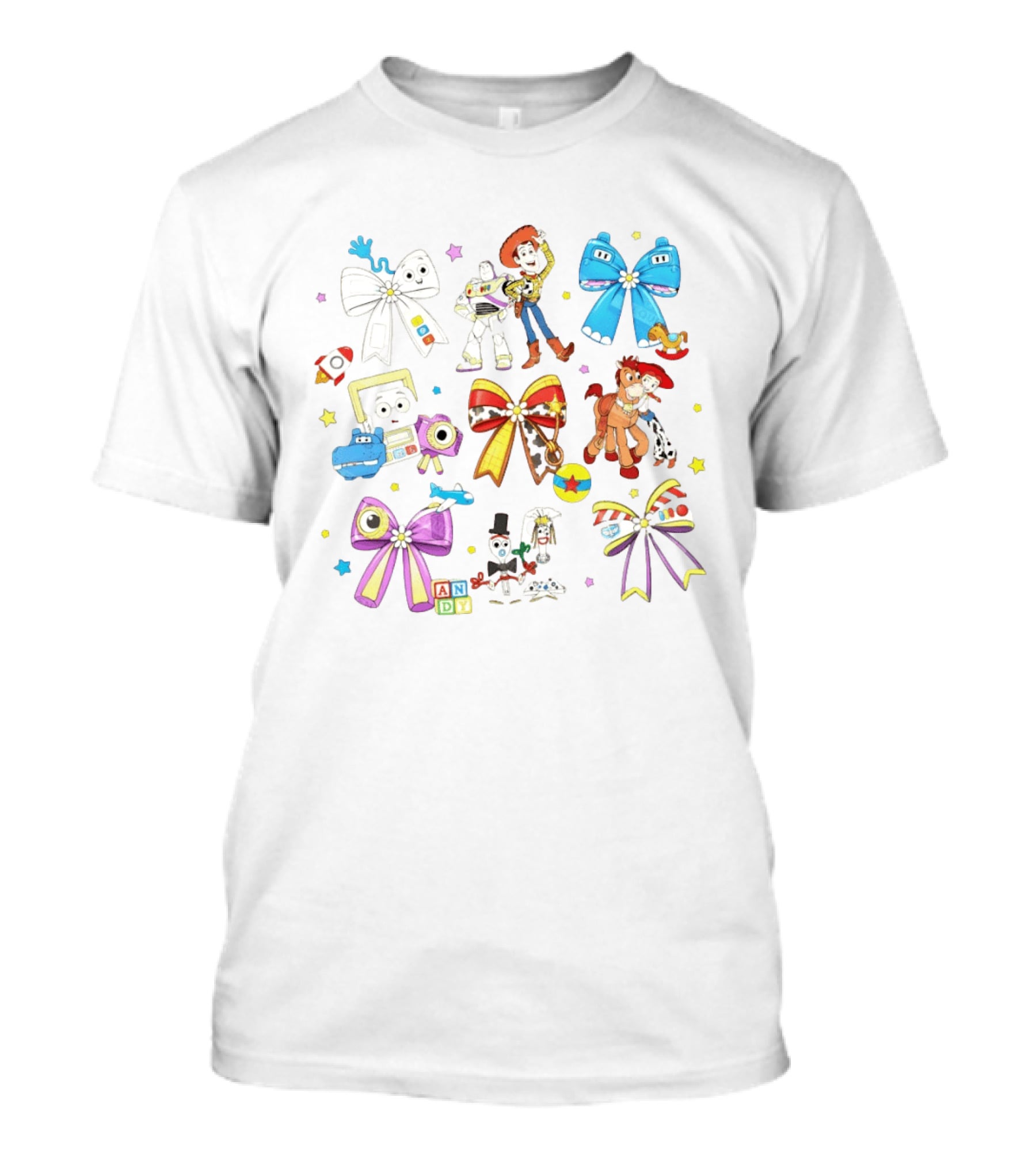 Woody Buzz Jessie Forky Andy Toy Story Characters With Colorful Bows T-Shirt