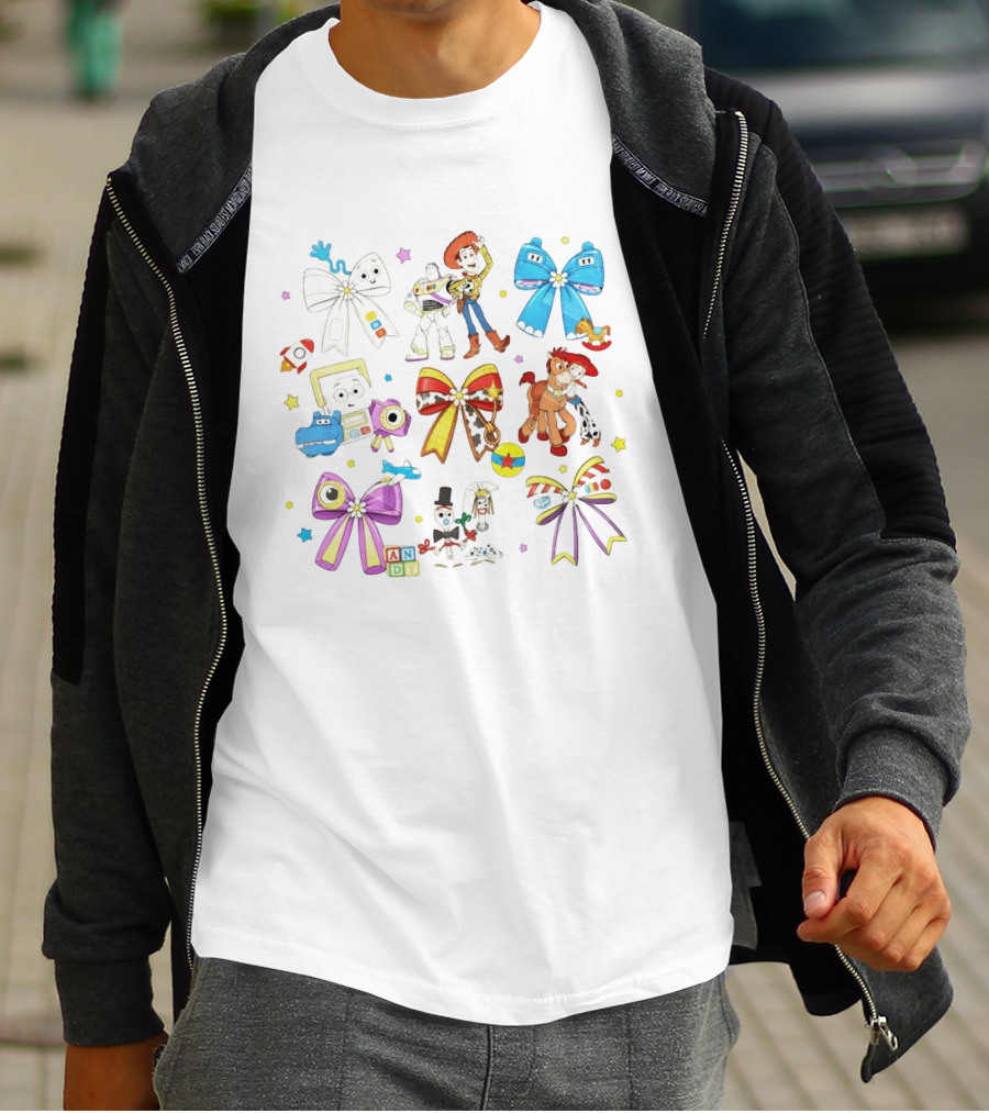 Woody Buzz Jessie Forky Andy Toy Story Characters With Colorful Bows T-Shirt