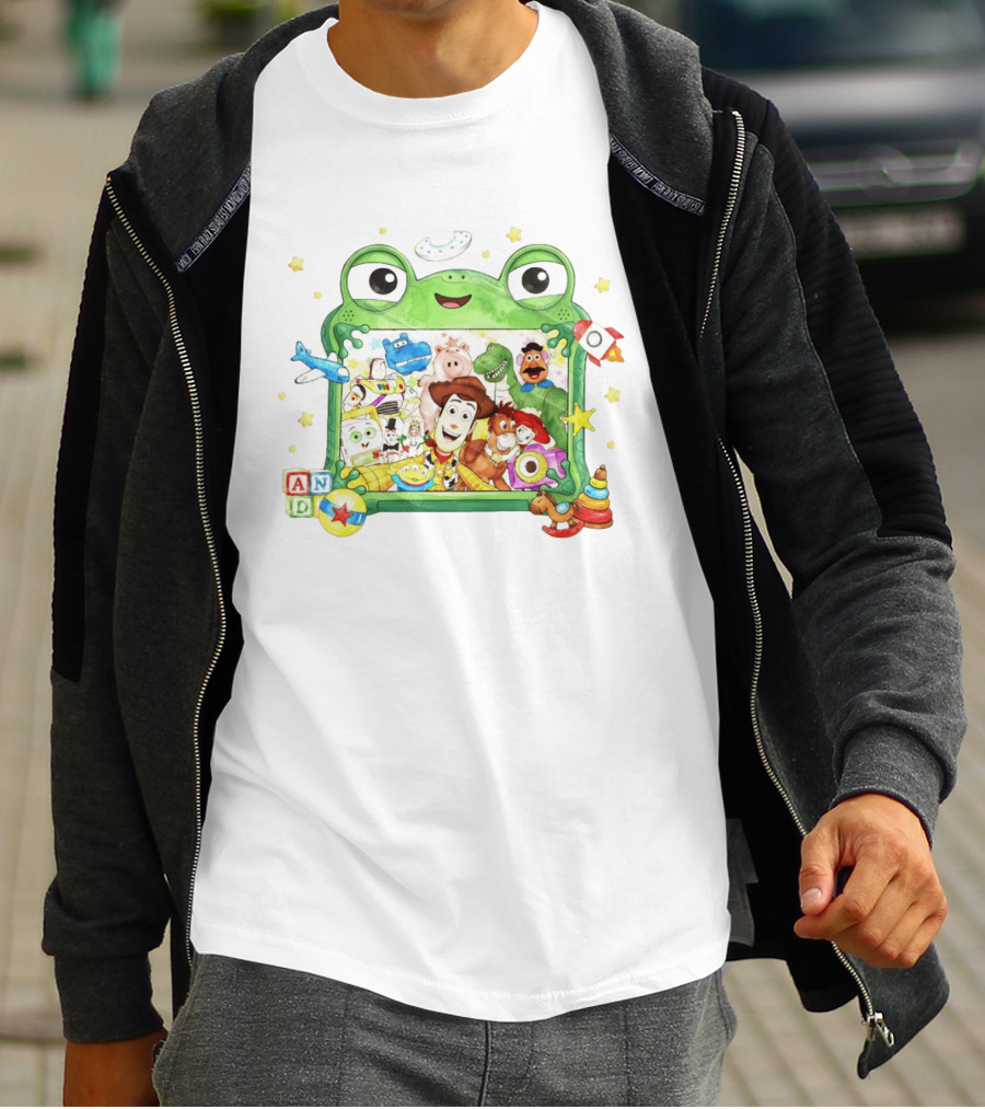 Woody And Buzz Lightyear Toy Story Characters Inside Frog Frame With Andy Blocks T-Shirt