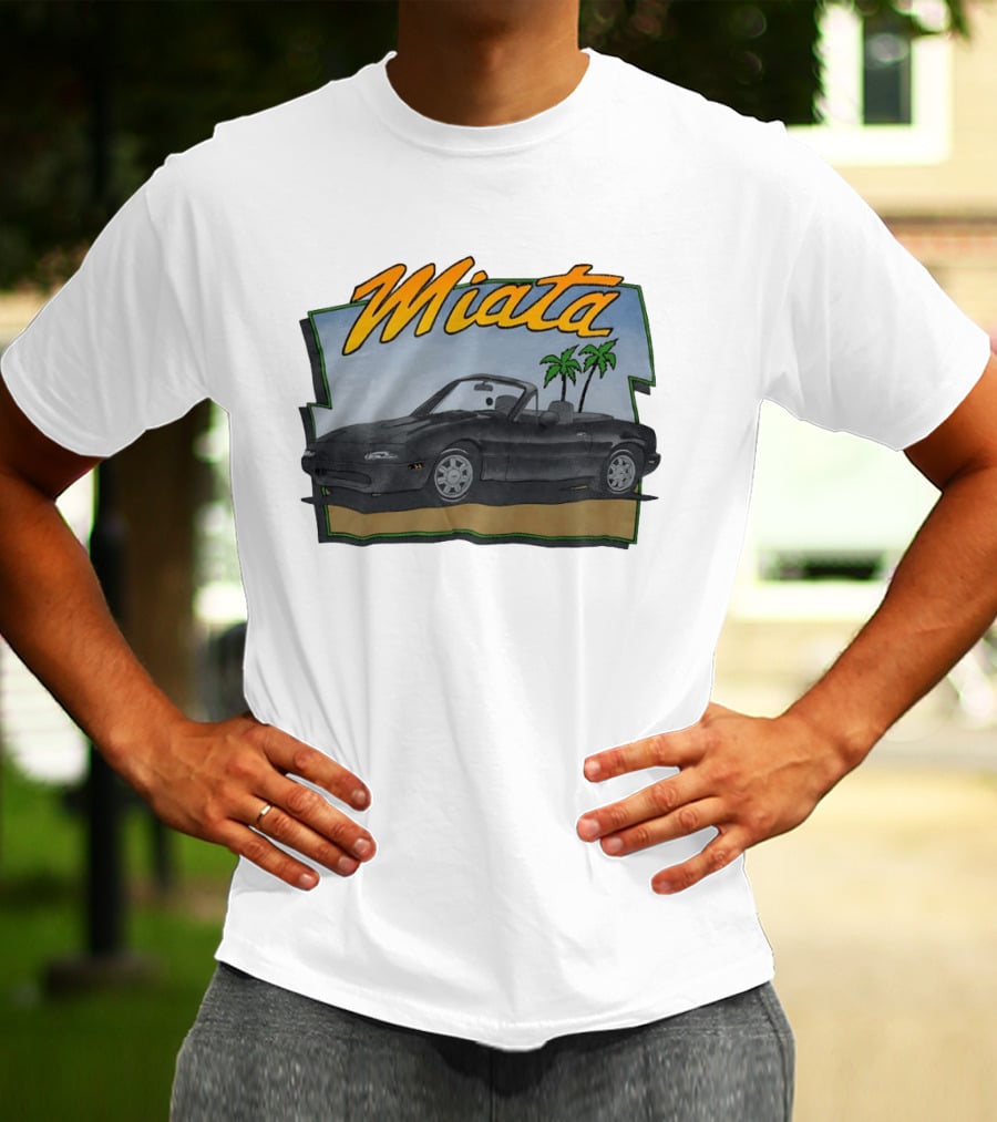 Miata Mazda NA Roadster Convertible With Palm Trees Beach Scene T-Shirt