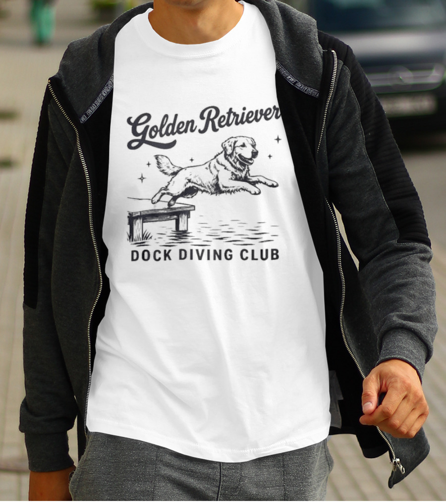 Golden Retriever Dock Diving Club Vintage Style Black And White Dog T-Shirt