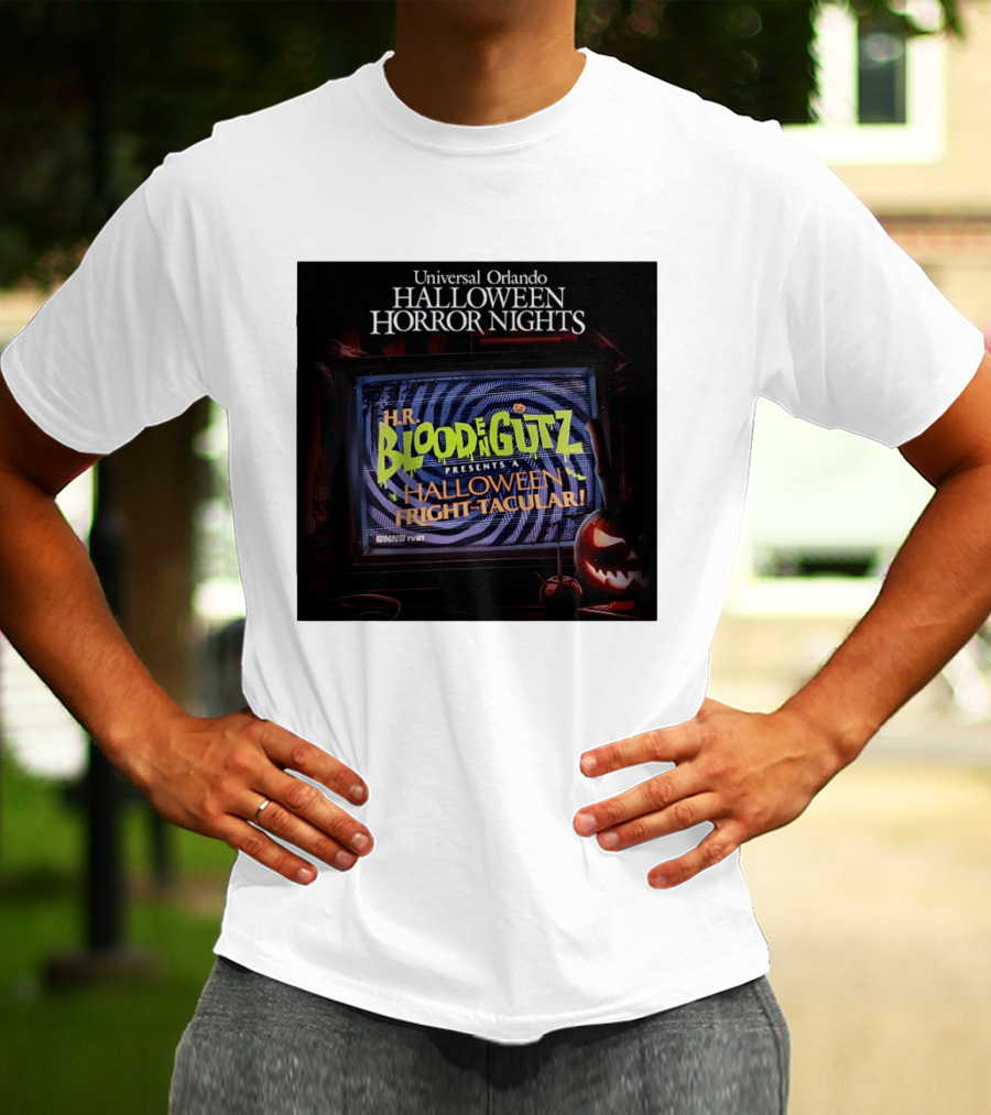 Universal Orlando Halloween Horror Nights HR Blood N Gutz Presents A Halloween Fright Tacular TV Experience T-Shirt