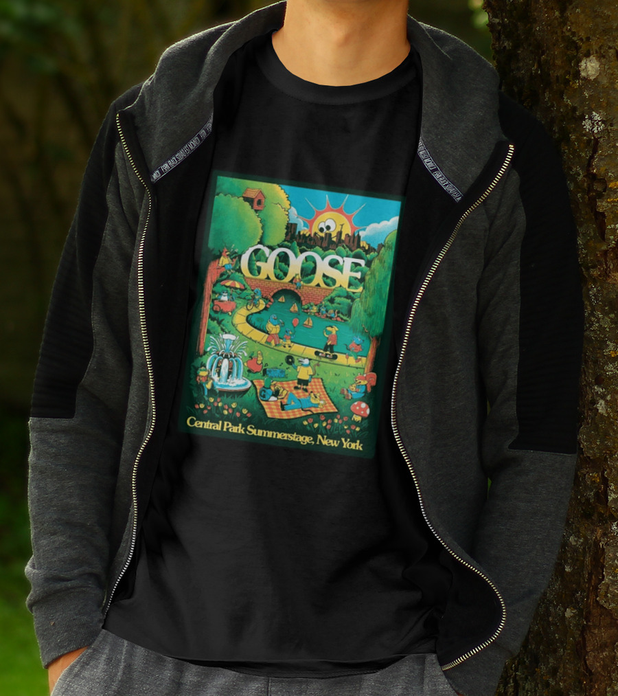 Goose Central Park Summerstage New York 2026 June 21 Lewy Jones Vibrant Park Scene With Sun And Fountain T-Shirt
