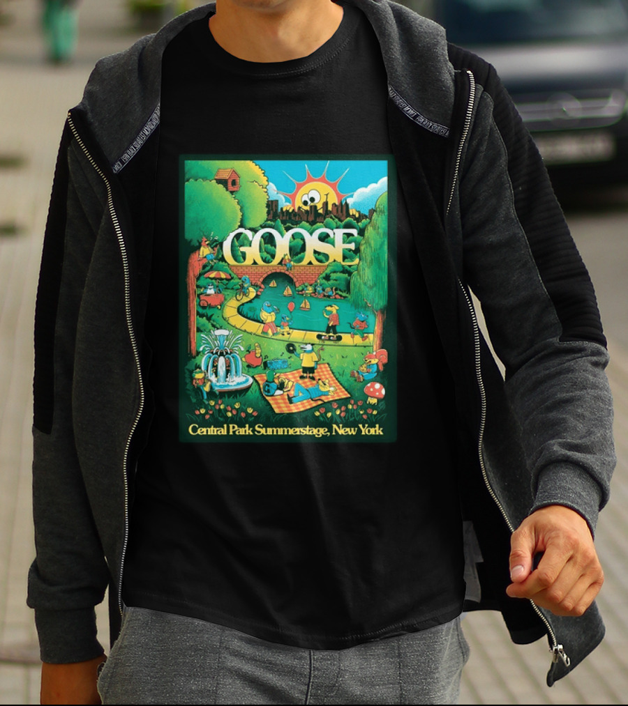 Goose Central Park Summerstage New York 2026 June 21 Lewy Jones Vibrant Park Scene With Sun And Fountain T-Shirt