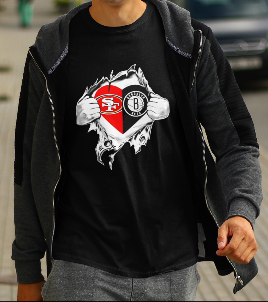 San Francisco 49ers Brooklyn Nets Heart Design Scratch Image T-Shirt