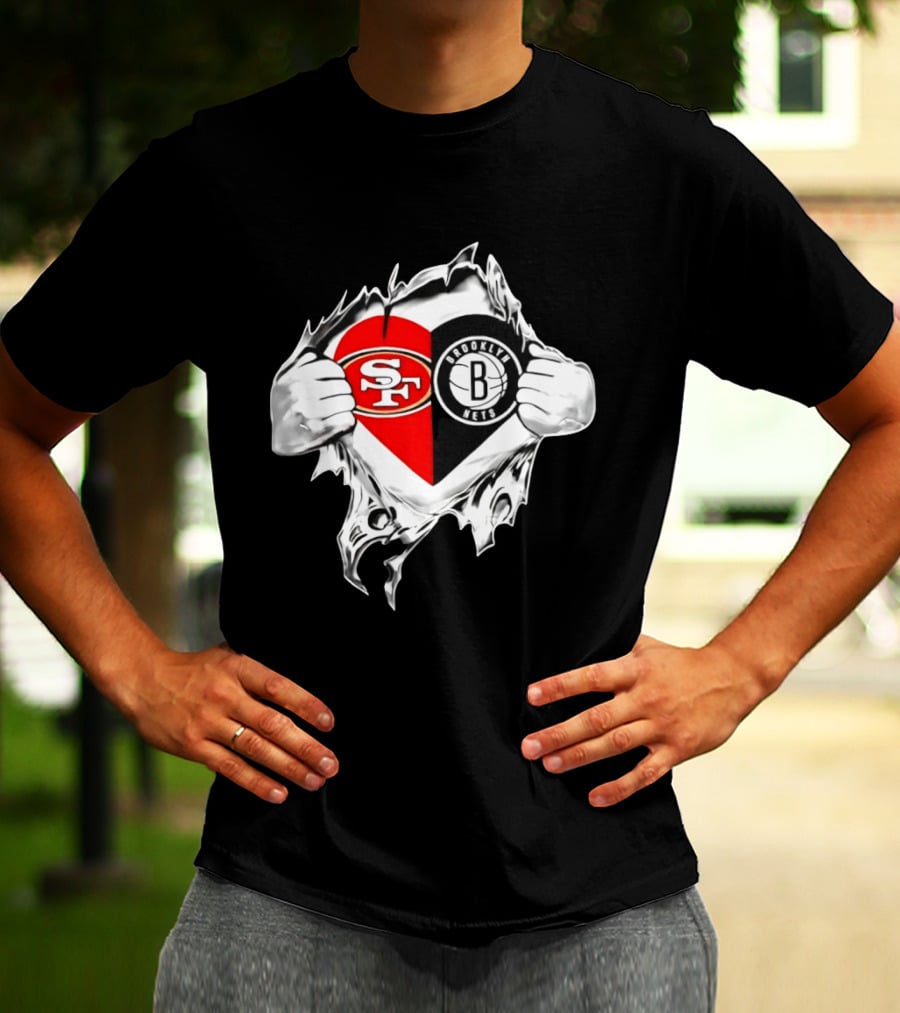 San Francisco 49ers Brooklyn Nets Heart Design Scratch Image T-Shirt