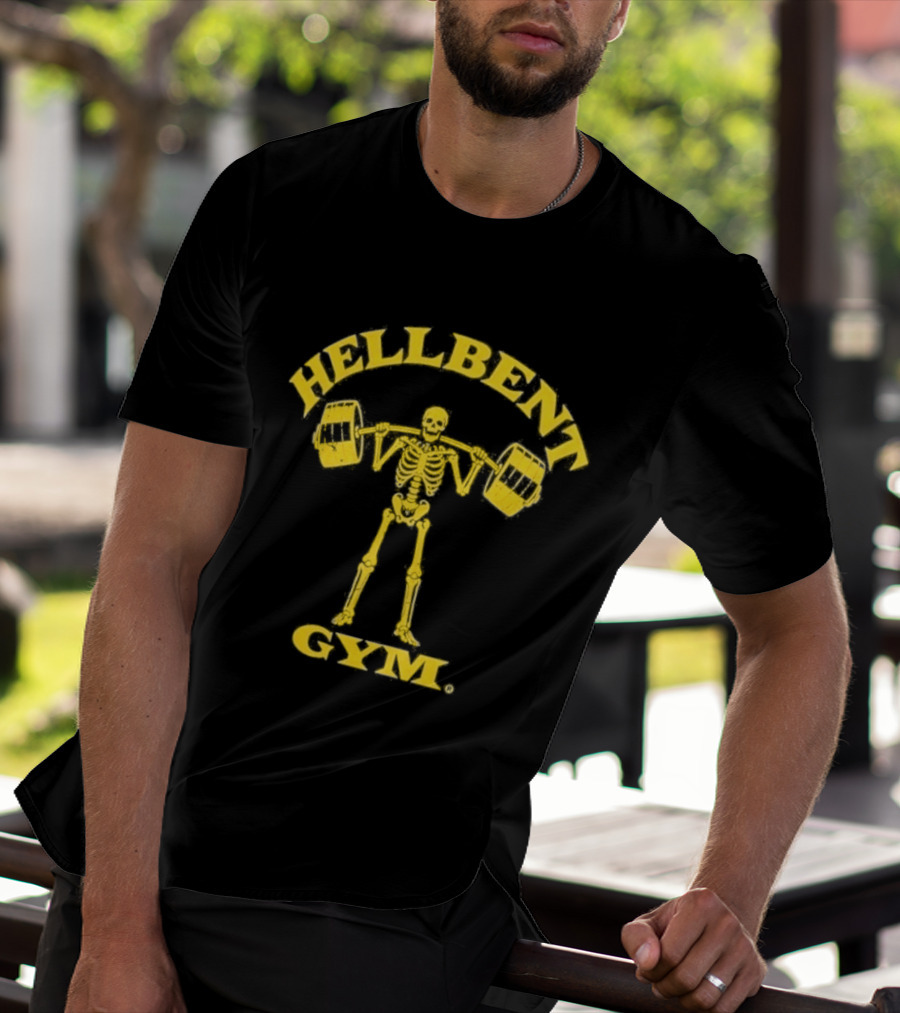 Hellbent Gym Skeleton Lifting Weights Yellow T-Shirt