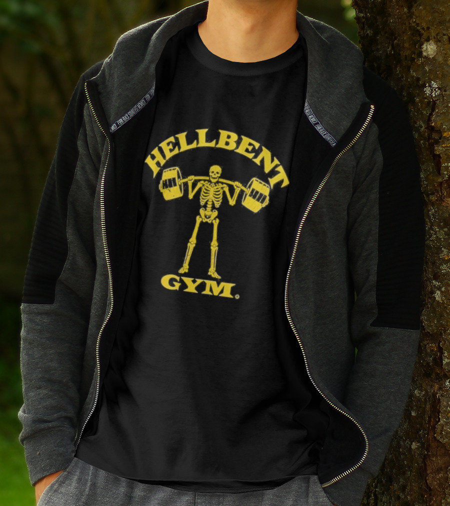Hellbent Gym Skeleton Lifting Weights Yellow T-Shirt