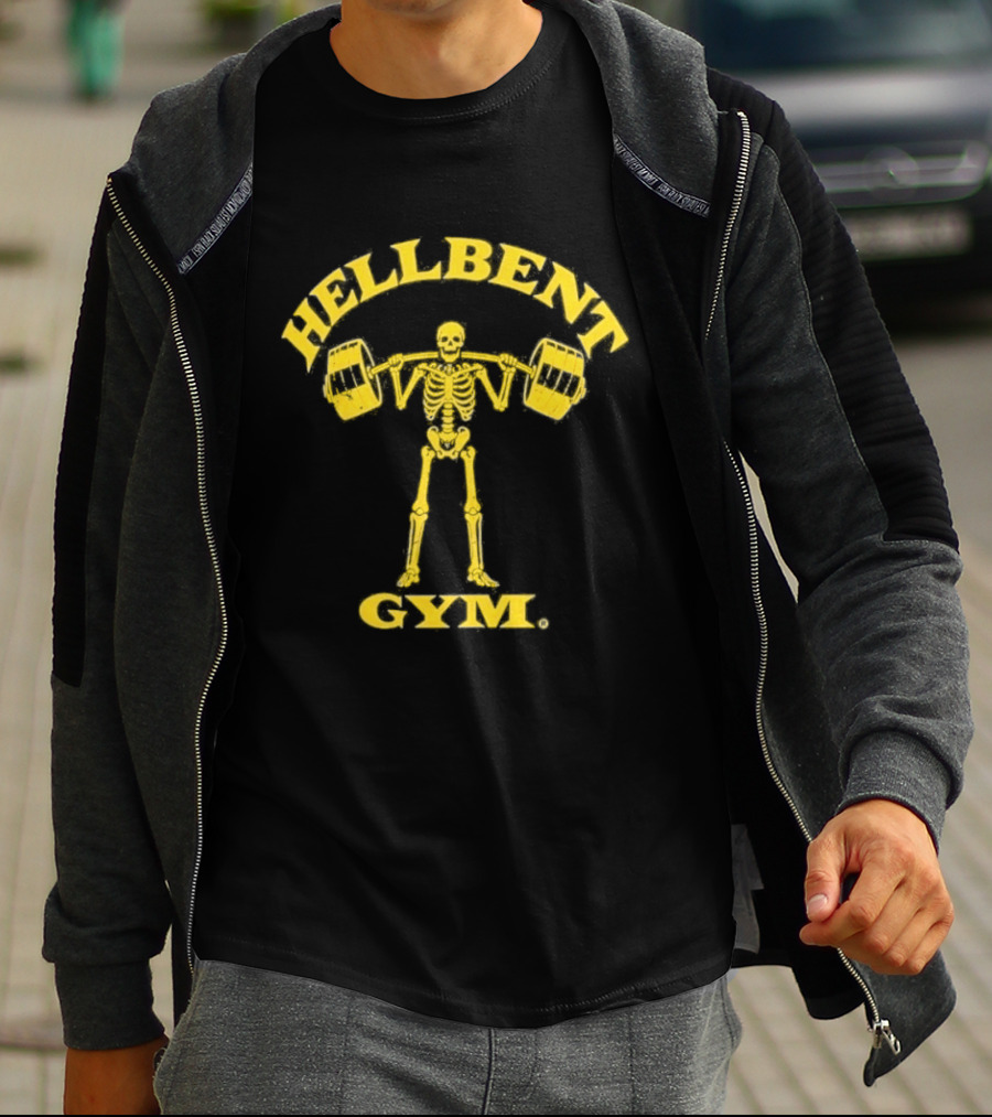 Hellbent Gym Skeleton Lifting Weights Yellow T-Shirt
