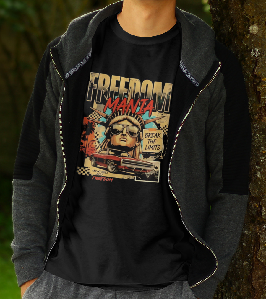 Freedom Mania Break The Limits Vintage Car Liberty Cityscape T-Shirt