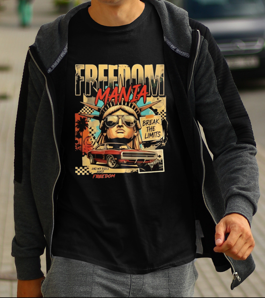 Freedom Mania Break The Limits Vintage Car Liberty Cityscape T-Shirt