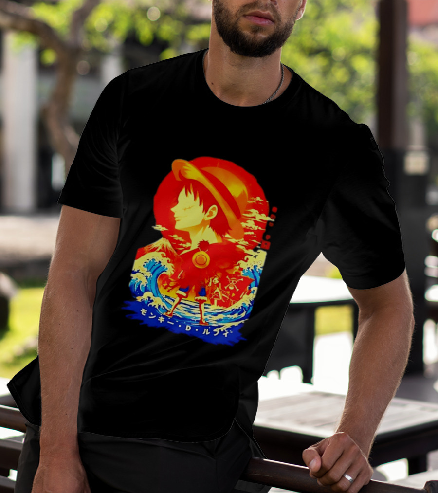 Monkey D. Luffy Straw Hat Waves Japanese Text One Piece Anime T-Shirt