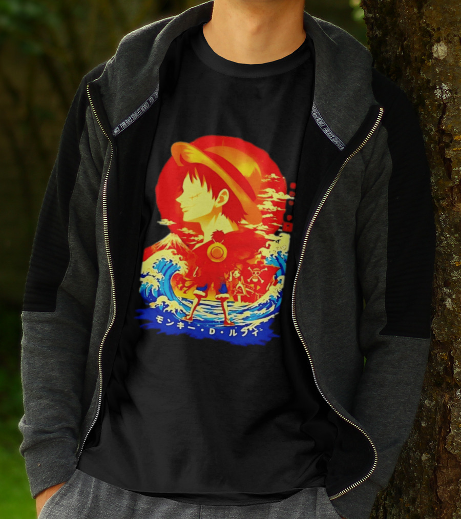 Monkey D. Luffy Straw Hat Waves Japanese Text One Piece Anime T-Shirt