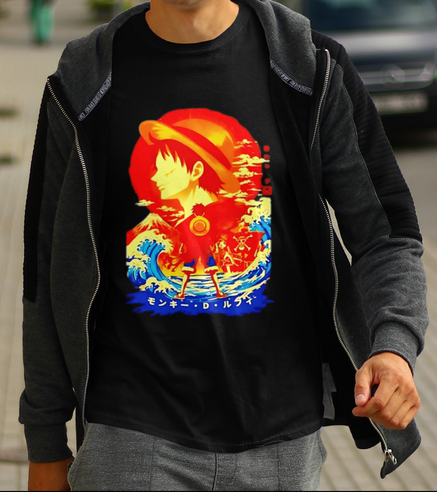 Monkey D. Luffy Straw Hat Waves Japanese Text One Piece Anime T-Shirt