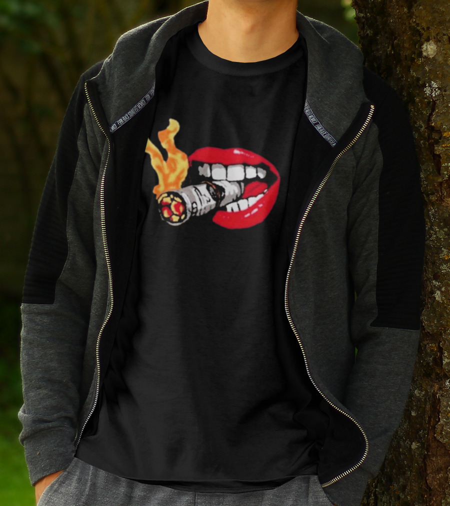 Flaming Smoking Money Lips Chenille T-Shirt