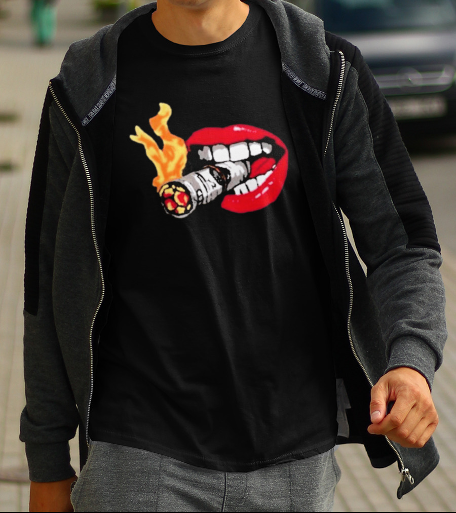 Flaming Smoking Money Lips Chenille T-Shirt