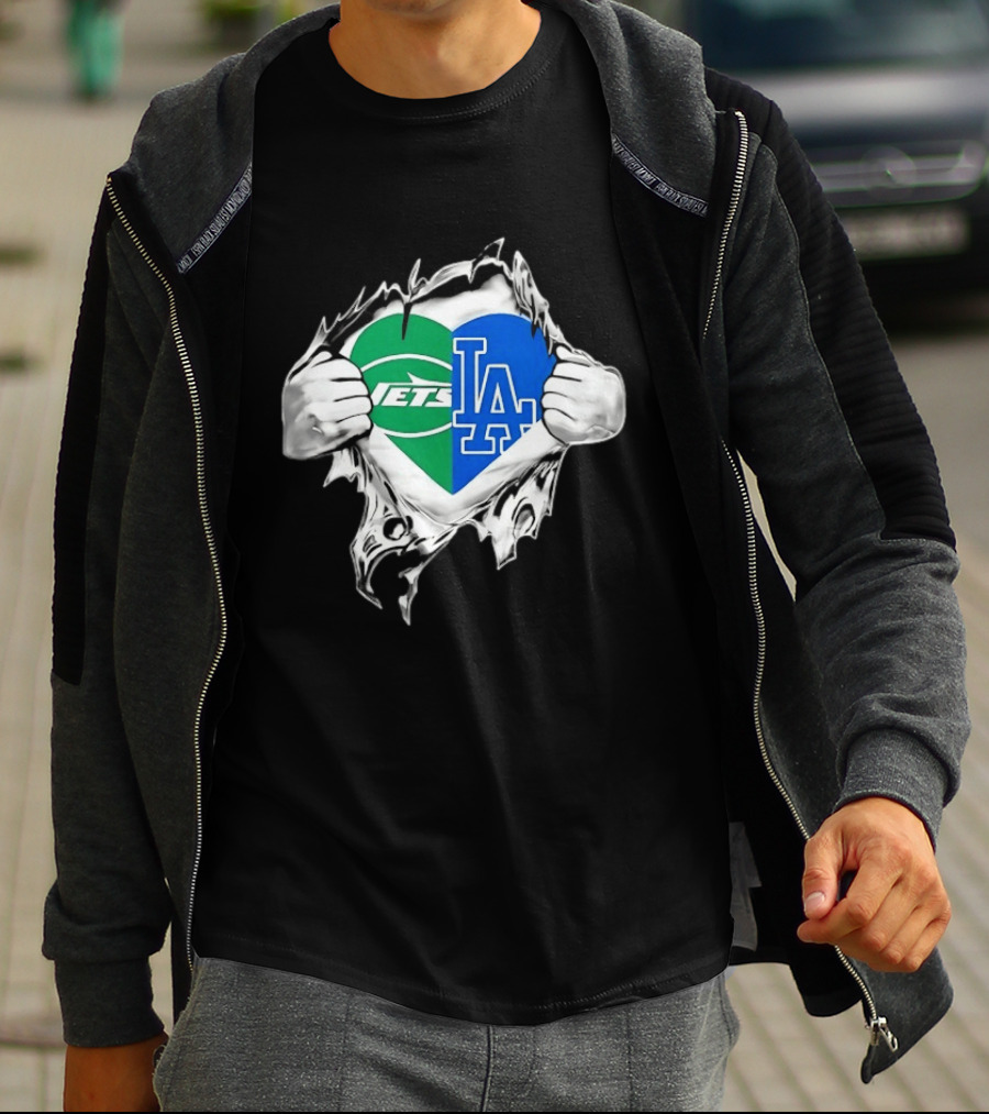 New York Jets Los Angeles Dodgers Heart Scratch T-Shirt