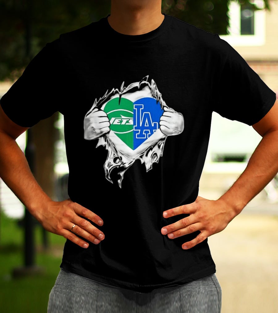 New York Jets Los Angeles Dodgers Heart Scratch T-Shirt
