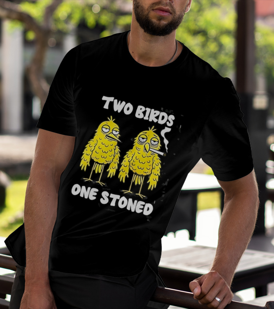 Two Birds One Stoned Smoking Cartoon Humor T-Shirt