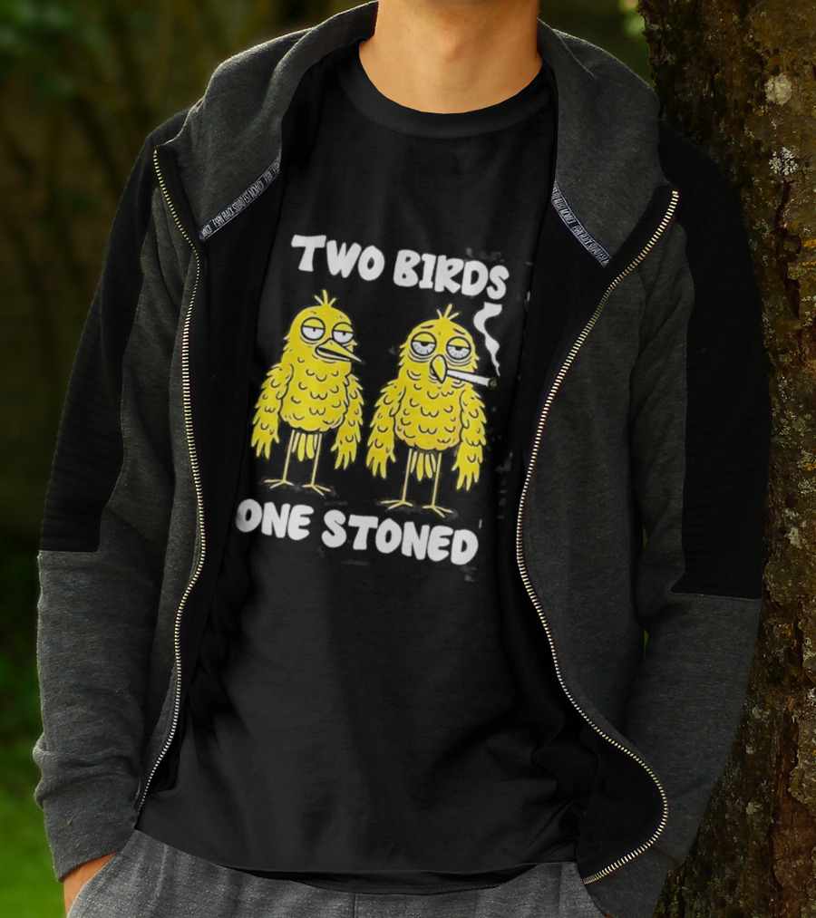Two Birds One Stoned Smoking Cartoon Humor T-Shirt