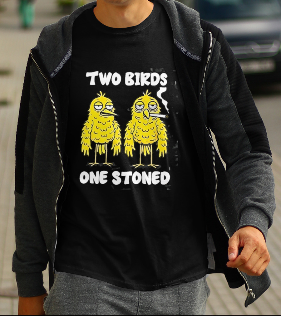 Two Birds One Stoned Smoking Cartoon Humor T-Shirt