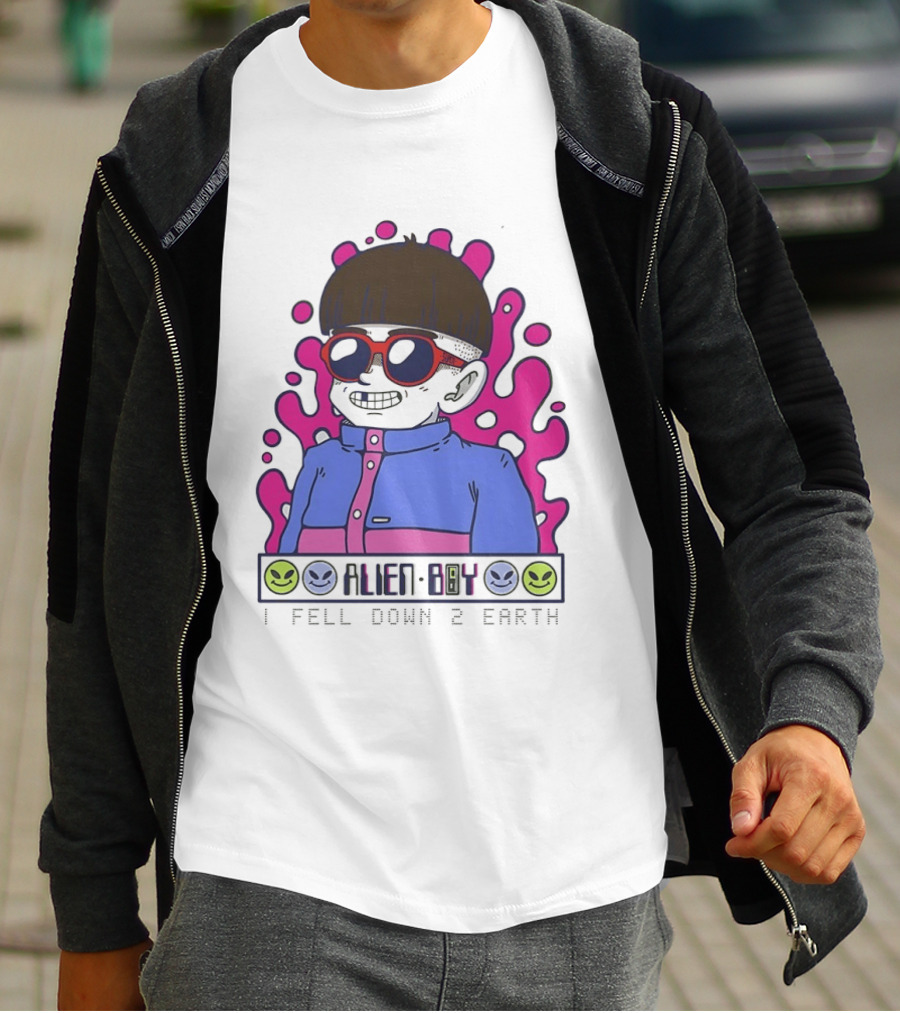 Alien Boy I Fell Down 2 Earth Cool Kid Retro Pink Smiley Vibes T-Shirt
