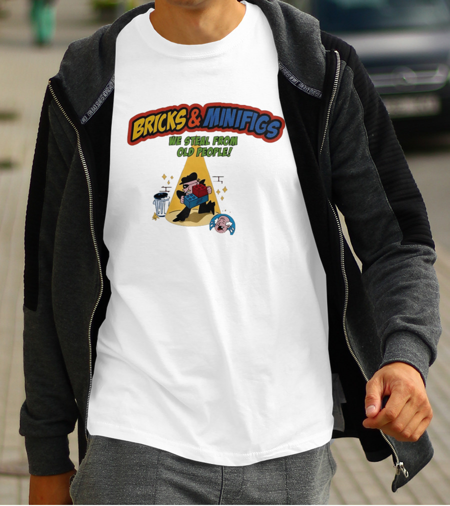 BRICKS MINIFIGS WE STEAL FROM OLD PEOPLE Humor Cartoon Comedy T-Shirt