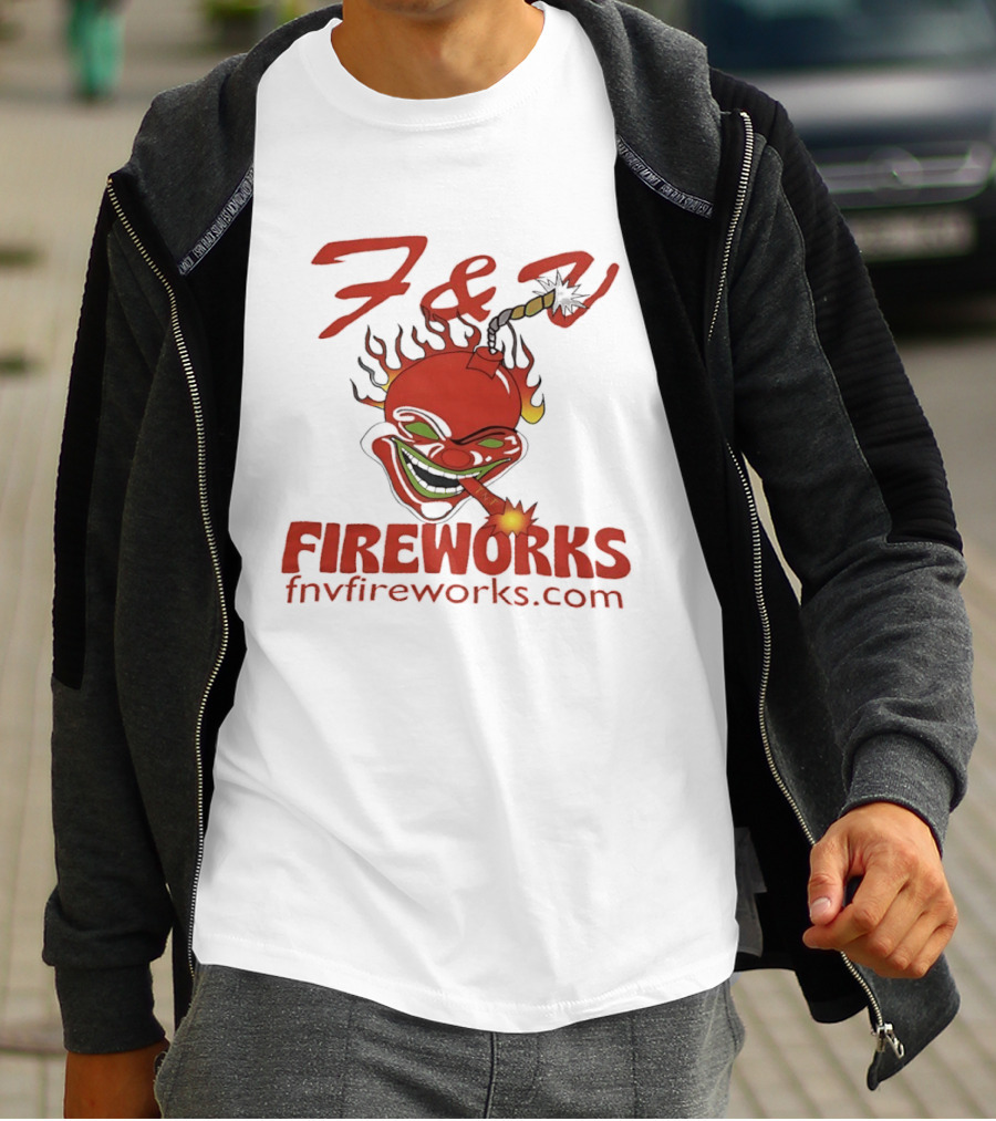 F & V Fireworks Clown Logo With Lit Firecracker And Fnvfireworks.com T-Shirt