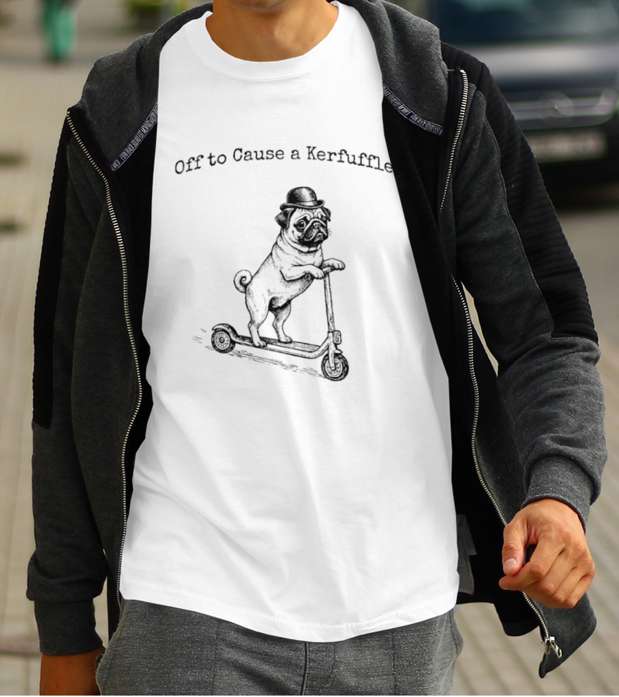 Off To Cause A Kerfuffle Scooter Pug T-Shirt