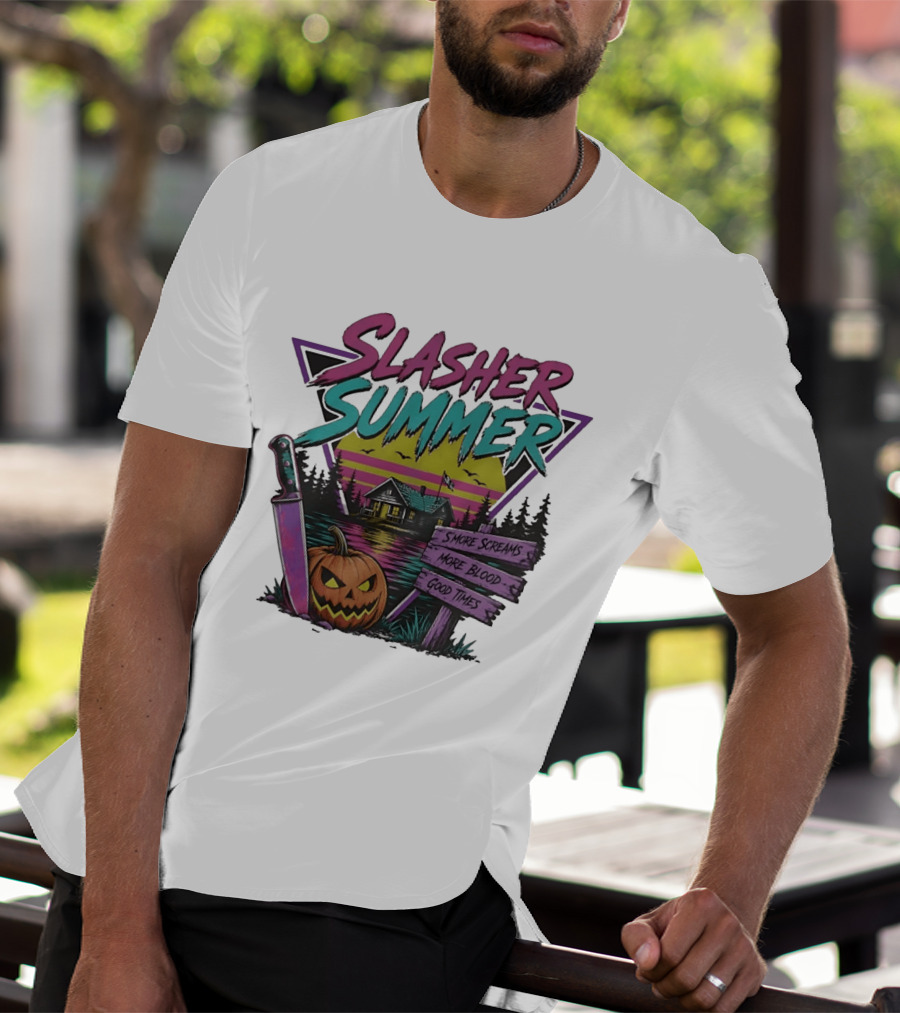Slasher Summer S'more Screams More Blood Good Times Cabin Pumpkin Knife T-Shirt
