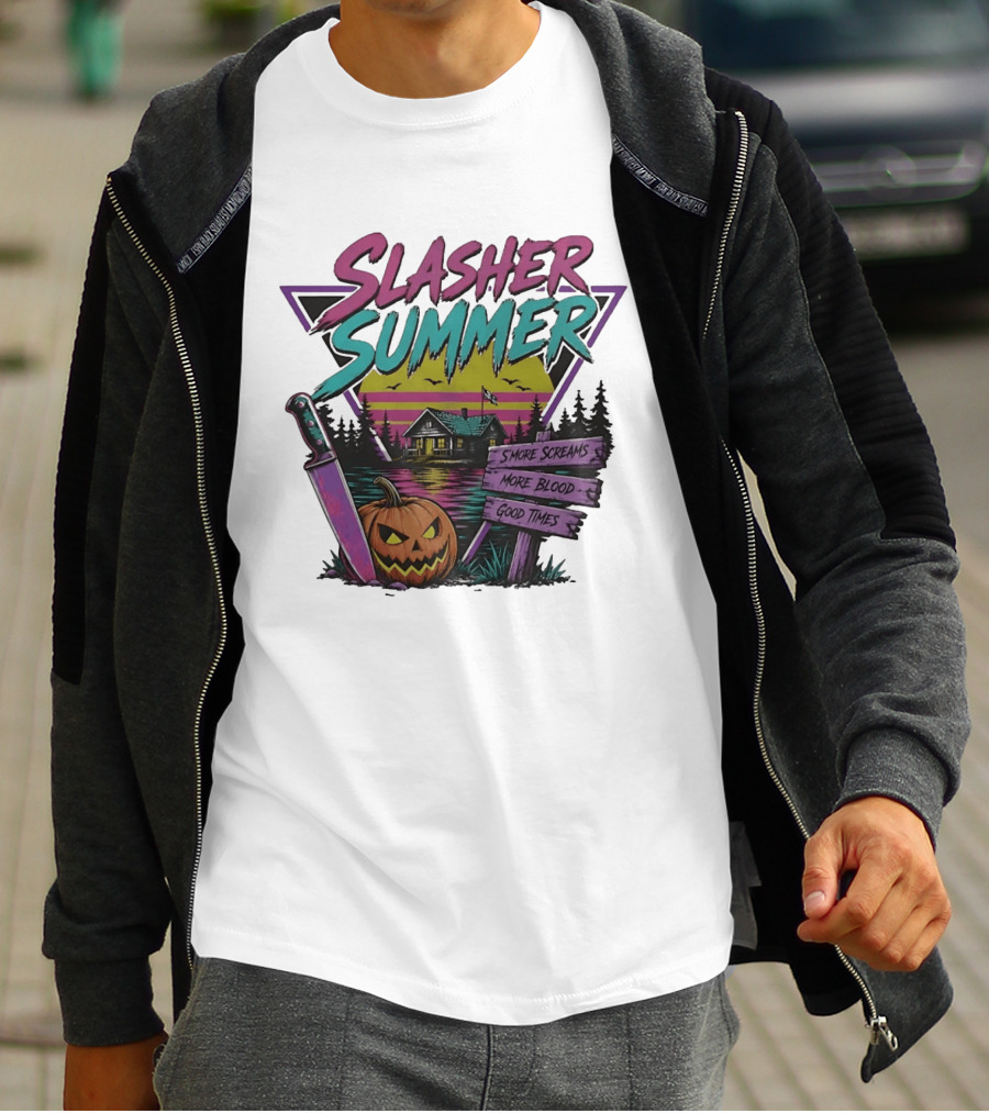 Slasher Summer S'more Screams More Blood Good Times Cabin Pumpkin Knife T-Shirt