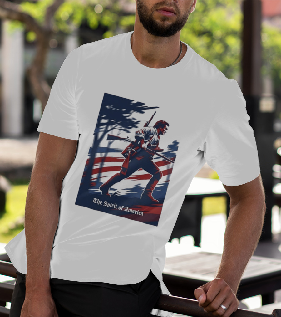 The Spirit Of America Revolutionary War Soldier With Musket And American Flag T-Shirt