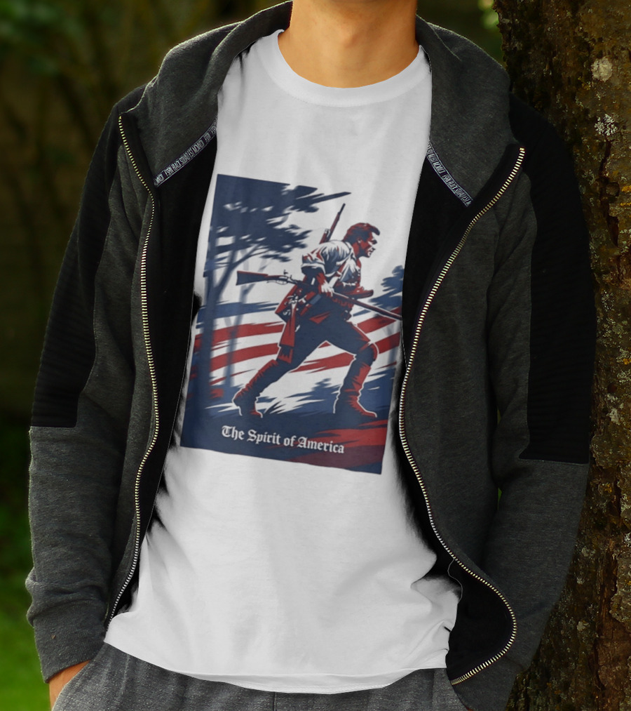 The Spirit Of America Revolutionary War Soldier With Musket And American Flag T-Shirt