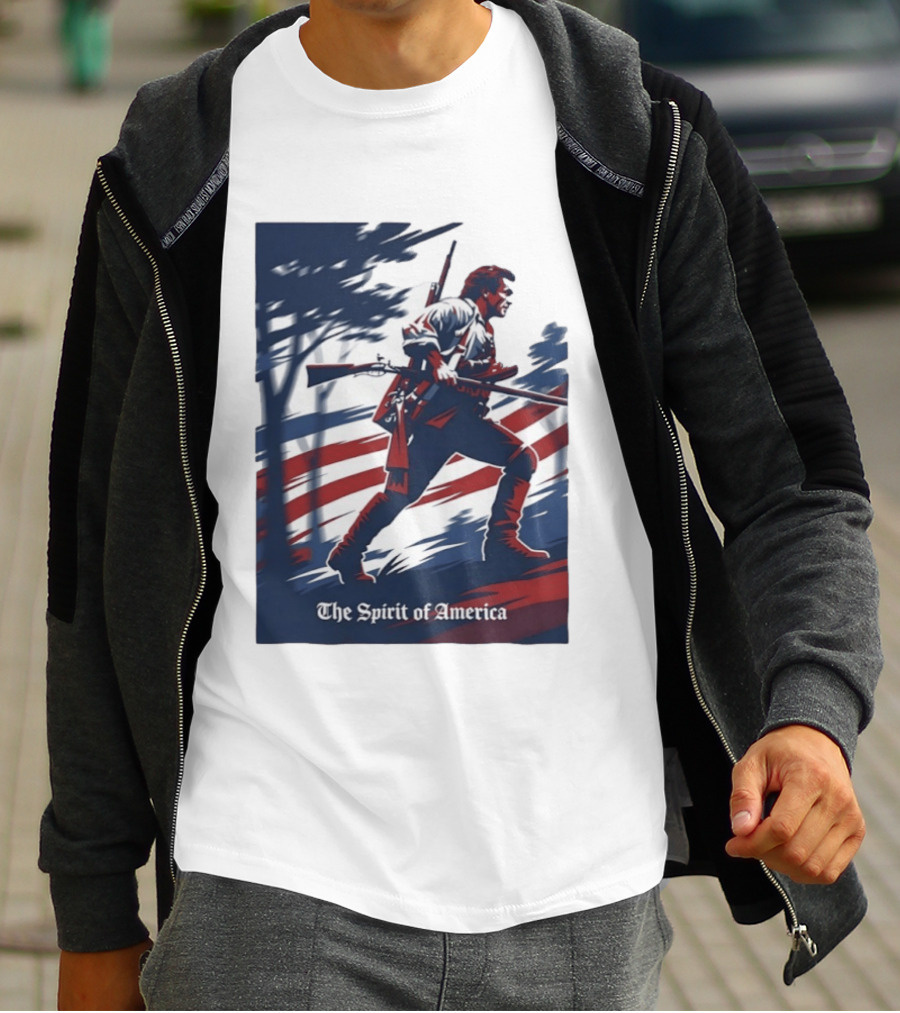 The Spirit Of America Revolutionary War Soldier With Musket And American Flag T-Shirt