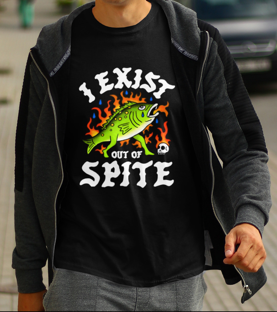 Bass Fish I Exist Out Of Spite Skull Fire Flames T-Shirt